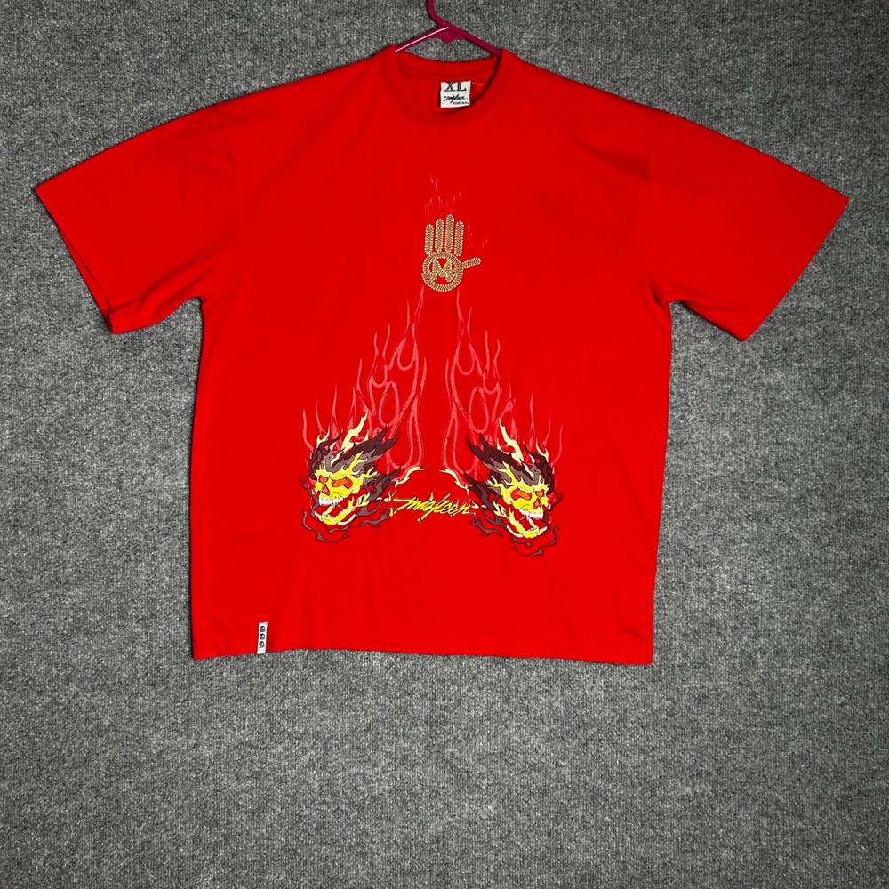 Miskeen Originals Mens XL Red Flaming Skull Graphic T-Shirt Streetwear